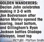  ?? PICTURE: PSI/Tom Smith ?? GOLDEN WANDERERS: Declan John celebrates making it 2-0 with
Jon Bodvarsson after Aaron Morley opened the scoring, inset bottom, and Gillingham’s Ryan Jackson battles Oladapo Afolayan, inset top