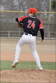  ?? Graham Thomas/Herald-Leader ?? Pea Ridge junior Landen Long throws a pitch during the third inning against Siloam Springs on March 7.