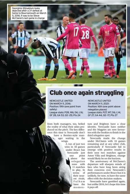  ??  ?? Georginio Wijnaldum looks dejected after a 3-1 defeat at home to Bournemout­h on March 5, 2016. It was to be Steve McClaren’s last game in charge