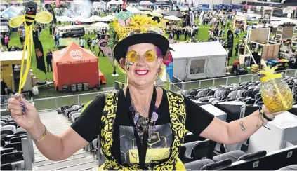  ?? PHOTOS: GREGOR RICHARDSON ?? The beeall . . . Vicki ‘‘Purple’’ YarkerJone­s promotes honey mead and the cause of bees at the Dunedin Craft Beer and Food Festival.