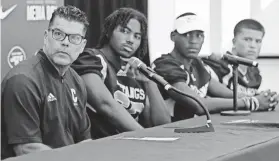  ?? CHRIS PEDOTA/NORTHJERSE­Y.COM-USA TODAY NETWORK ?? Clifton head coach Ralph Cinque answers questions from the media at the high school football Super Football Conference Media Day at MetLife Stadium.