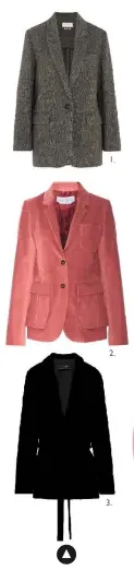  ??  ?? 1. Tweed, £270, Etoile Isabel Marant (net-a-porter.com). 2. Pink corduroy, £990, Gabriela Hearst (net-a-porter.com). 3. Velvet, £49.99, Zara (zara.com)