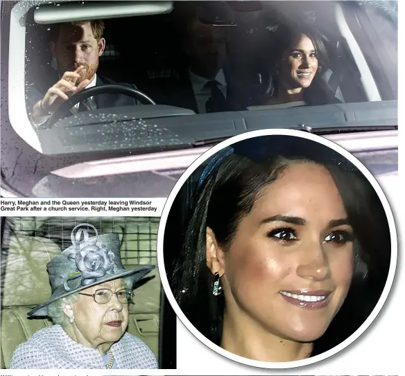  ?? Pictures: JIM BENNETT ?? Harry, Meghan and the Queen yesterday leaving Windsor Great Park after a church service. Right, Meghan yesterday