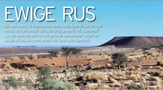  ??  ?? Dis in Namibië, met sy kameeldori­ngs, droë rivierlope en rooi duine waar Koos Barnard rus vir sy siel kry.