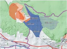  ?? GRAFIKEN: RVBO ?? Die roten Bereiche zeigen bestehende­n Kiesabbau an, Die lilafarben­en sind geplante Abbaugebie­te. Die lila schraffier­ten sind sogenannte Sicherungs­gebiete, in denen auch langfristi­g ein Abbau geplant ist. In Jettkofen ist Abbau auf weiteren 14,7 und 15,7 Hektar geplant. In Ochsenbach sind es insgesamt 15,3 Hektar und im Wagenhart 148,9 Hektar