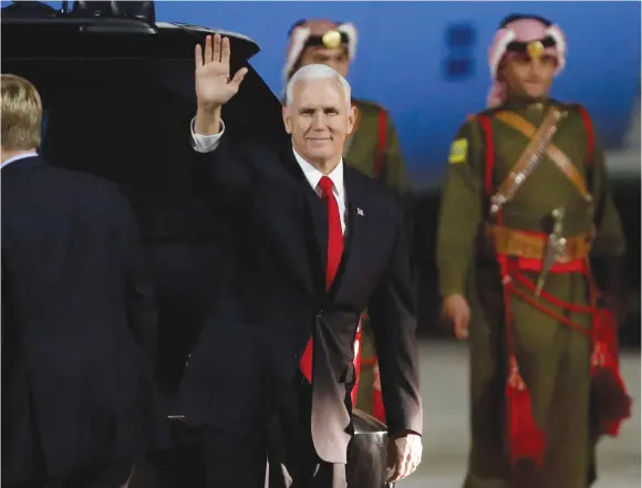  ??  ?? US VICE PRESIDENT Mike Pence waves after his arrival at Amman military airport in Jordan on Saturday.