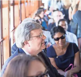  ??  ?? Memphis Mayor Jim Strickland sits on the first trolley to run with passengers in nearly four years during the grand reopening ceremony for the Main Street Trolley on April 30. BRAD VEST/THE COMMERCIAL APPEAL