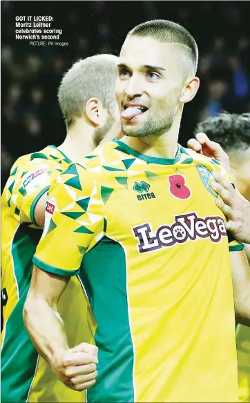  ?? PICTURE: PA Images ?? GOT IT LICKED: Moritz Leitner celebrates scoring Norwich’s second