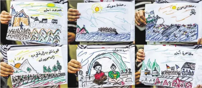  ?? BILD: SN/AFP ?? Kinder zeichnen Schrecken von Krieg und Vertreibun­g: aus Aleppo in Syrien über die Ägäis bis an die Grenze von Mazedonien.