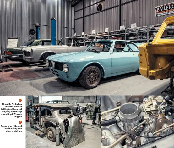  ??  ?? Blue Alfa Giulia has been itted with Millington Diamond engine; yellow imp is awaiting £17k race engine Focus is on ’60s and ’70s but they love older metal too Engine from Merc SƒClass has had a full strip-down and rebuild, like the rest of the car
