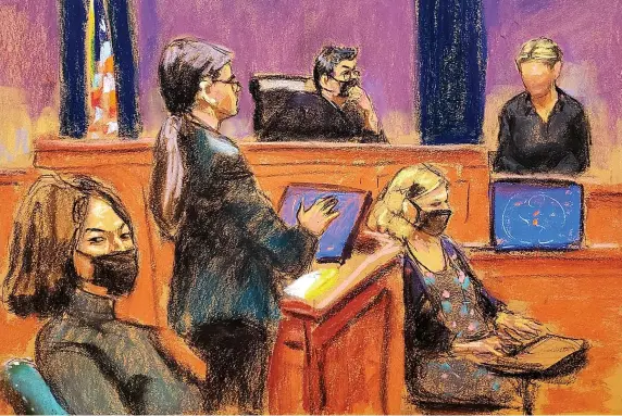  ?? ?? A courtroom sketch of prosecutio­n witness ‘Kate’ being questioned by prosecutor Lara Pomerantz during the trial of socialite Maxwell, left, yesterday