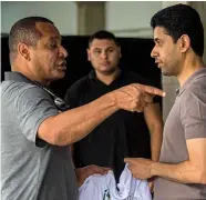  ?? — AFP ?? PSG president Nasser Al- Khelaifi ( right) with Neymar’s father in Praia Grande, Sao Paulo, on Tuesday.