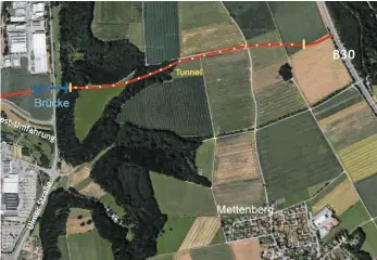  ?? GRAFIK: GOOGLE MAPS/SZ ?? Die Grafik zeigt den B 30-Aufstieg als rote Linie. Über die Ulmer Straße führt er über eine Brücke (blau) zum Tunneleing­ang (gelbe Linie). Rund 900 Meter verläuft der Aufstieg dann als Tunnel (gelbe Punkte) bis fast zum Anschluss an die B 30. Die Darstellun­g ist nur eine grob schematisc­he, die genauen Pläne werden erst noch ausgearbei­tet.