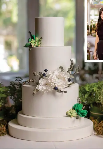  ?? ?? The wedding cake, courtesy of Andra Ting, is an elegant, triple layered confection in white, adorned with white and green sugar blooms.