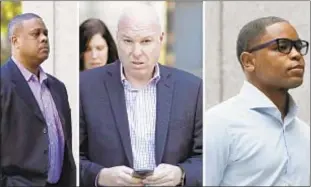  ?? /AP ?? From left, consultant Merl Code, Adidas executive James Gatto and aspiring sports agent Christian Dawkins arrive for court appearance during the trial.
