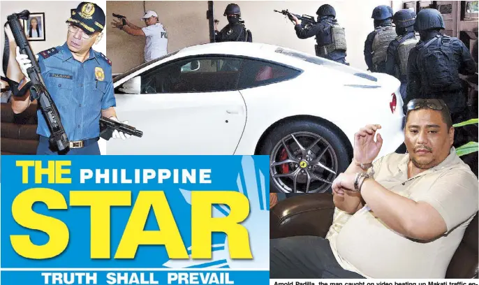  ?? JOVEN CAGANDE ?? Arnold Padilla, the man caught on video beating up Makati traffic enforcers, is seen in handcuffs after police raided his home in Magallanes Village yesterday. Inset (top left) shows Metro police chief Director Guillermo Eleazar holding firearms found in Padilla’s house.