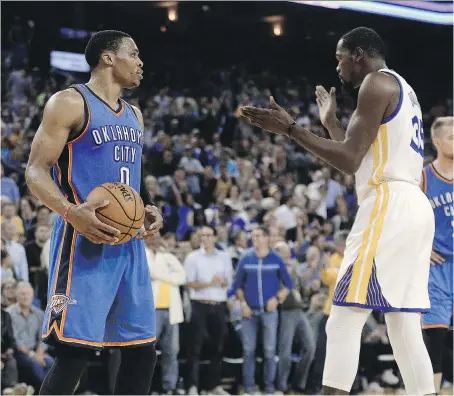  ?? BEN MARGOT/THE ASSOCIATED PRESS ?? Oklahoma City’s Russell Westbrook and Golden State’s Kevin Durant will be reunited at the NBA All-Star Game.