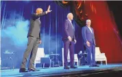  ?? ALEX BRANDON/ASSOCIATED PRESS ?? President Joe Biden, center, and former presidents Barack Obama, left, and Bill Clinton, right, participat­e in a fundraisin­g event with Stephen Colbert at Radio City Music Hall on Thursday in New York.