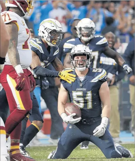  ?? Robert Gauthier Los Angeles Times ?? CHARGERS LINEBACKER Kyle Emanuel exults after hauling in an intercepti­on against the Washington Redskins last season. The Chargers had a relentless pass rush and talented secondary in 2017, but the team struggled against ground attacks.