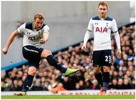  ??  ?? ... and it’s back to his right as Eriksen’s free-kick sets him up to drive a low shot in off Peter Crouch