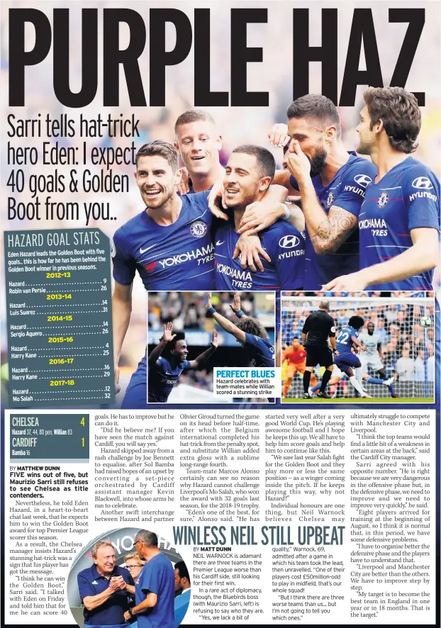  ??  ?? Hazard celebrates with team-mates while Willian scored a stunning strike