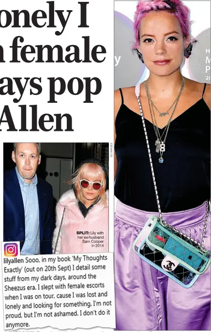  ??  ?? ‘DARK DAYS’: The confession­al Instagram message Lily posted last night. Above: The singer pictured in July SPLIT: Lily with her ex-husband Sam Cooper in 2014