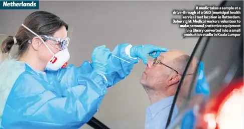  ??  ?? Netherland­s
Palestine
Malaysia
A medic takes a sample at a drive-through of a GGD (municipal health
service) test location in Rotterdam. Below right: Medical workers volunteer to make personal protective equipment
in a library converted into a small production studio in Kuala Lumpur