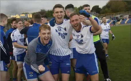  ??  ?? Fists pumping into the evening air in Aughrim after the final whistle in the Senior football final between St Patrick’s and AGB.