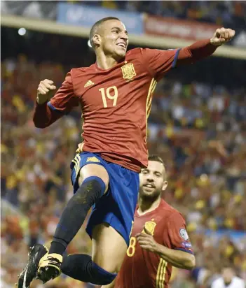  ??  ?? Spain’s Rodrigo Moreno celebrates after scoring against Albania in their World Cup qualifier at the Jose Rico Perez Stadium in Alicante. Spain won 3-0. —