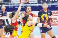  ??  ?? F2 Logistics’ Dawn Macandili keeps the ball alive during their Philippine Superliga All-Filipino Conference match against Petron at The Arena in San Juan City Thursday. (PSL Images)