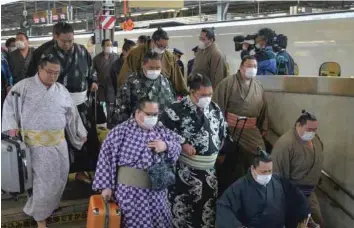  ?? — AFP ?? Sumo stables have cut back training and put in place other restrictio­ns to limit the spread of the coronaviru­s.