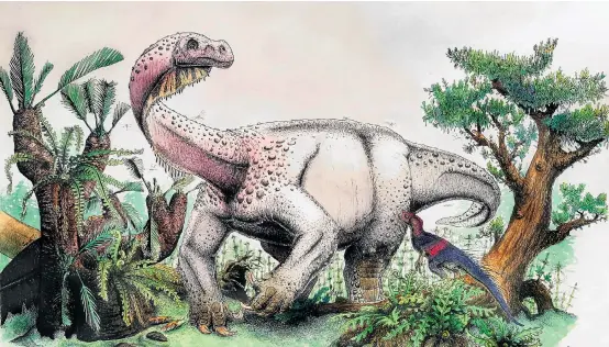  ??  ?? Die Rekonstruk­tion von Ledumahadi mafube zeigt: Die Ahnen der späteren Sauropoden stampften noch auf ganz anderen Beinen umher.