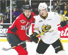  ??  ?? The Spitfires’ Curtis Douglas, left, jostles with the Sting’s Eric Hjorth in front of the Sting net in the second period. The Spitfires won in overtime.