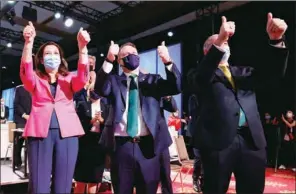  ?? (AFP) ?? (From L to R) Members of the Brisbane 2032 delegation, Queensland Premier Annastacia Palaszczuk, Brisbane mayor Adrian Schrinner and Australia’s Sports Minister Richard Colbeck celebrate after Brisbane was announced as the 2032 Summer Olympics host city during the 138th IOC Session in Tokyo on Wednesday.