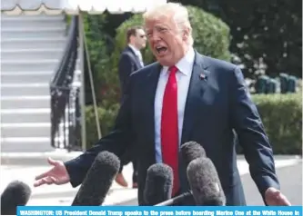  ?? — AFP ?? WASHINGTON: US President Donald Trump speaks to the press before boarding Marine One at the White House in Washington, DC.