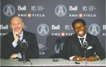  ??  ?? Argonauts president Bill Manning, left, was certain he wanted Mike (Pinball) Clemons to run his football team. He asked and asked again and Pinball kept saying no, writes Steve Simmons, until Saturday’s crushing loss to the Lions in Vancouver. Clemons was announced as the new GM on Tuesday. COLE BURSTON/THE CANADIAN PRESS