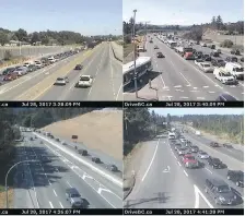  ??  ?? Clockwise from top left: Webcam views, in sequence, of highway portions on Jack Knox’s excellent Friday afternoon driving adventure.