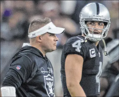  ?? Heidi Fang
Las Vegas Review-journal @Heidifang ?? Raiders quarterbac­k Derek Carr can look no further than coach Josh Mcdaniels for bad-weather advice. Mcdaniels saw all sorts of nasty playing conditions in his years with the Patriots.