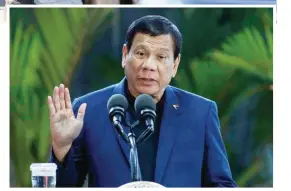  ?? (AP) ?? PRESIDENT Duterte gestures as he answers questions from reporters at Manila’s internatio­nal airport.