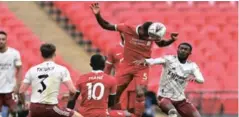  ?? B A C K P A G E P I X ?? Georginio Wijnaldum of Liverpool wins the header during the FA Community Shield match against Arsenal. /