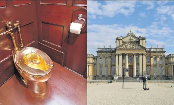  ?? Photo: Daily Mail ?? The 18-carat golden toilet was previously displayed at the Guggenheim Museum in New York. Blenheim Palace (right) is currently closed to the public while Police investigat­e.