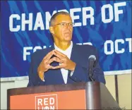  ?? De Kine Photo LLC / Contribute­d photo via Middlesex County Chamber of Commerce ?? UConn football coach Randy Edsall appearing at the Middlesex County Chamber of Commerce breakfast on Thursday.