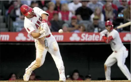  ?? AP photo ?? Los Angeles Angels’ Mike Trout hits a home run during the third inning of a game against the Tampa Bay Rays on Monday in Anaheim, Calif.