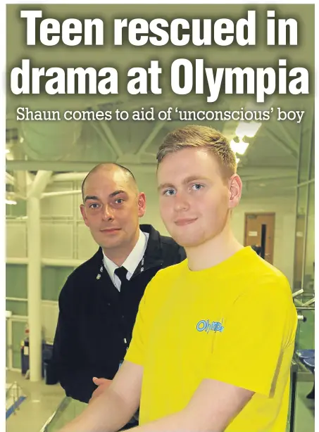  ??  ?? Shaun Simpson and lifeguard Duncan Johnston saved a boy from drowning at the Olympia swimming pool.