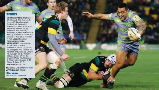  ?? PICTURES: Getty Images ?? Danger man: Sinoti Sinoti breaks clear to score Newcastle’s first try