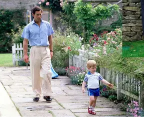  ??  ?? CLOCKWISE FROM TOP: The tree house that Prince Charles built for his children; Prince William at Highgrove with his father in 2000; Prince Charles and Prince Harry, aged nearly two, enjoying the flowers in 1986.