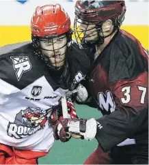  ?? STUART GRADON/ CALGARY HERALD ?? Matthew Dinsdale, left, seen battling Colorado’s Dan Coates last season, was dealt to the Edmonton Rush for a third- round pick Tuesday in Calgary’s lone trade deadline day move.