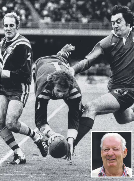  ??  ?? Graeme Langlands dives over for try during a Test in 1975. Langlands later in life (inset). Main Picture: BARRY MCKINNON