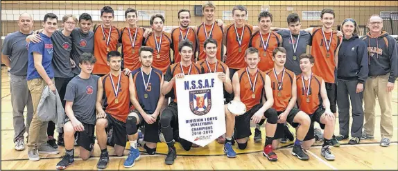  ?? SUBMITTED ?? It was a season to remember for the Cobequid Cougars high school boys volleyball team. The squad went undefeated in 48 matches and won its fourth straight NSSAF crown last weekend in Dartmouth. Members of the team are, first row, from left, Ben Mattie, Austin Atkinson, Isaac Macnaughto­n, Sean Gallie, Thomas Vickers, David Sandeson, Aiden Fitzpatric­k and Nicholas White; second row, Coach G. Foerster, Spencer Bishop, Adam Fox, William Henderson, Noah Boudreau, Daniel Dahr, Jacob Macgregor, Adam Mceachren, Dean Sangster, Theron Forbes, Michael Adams, Nikolai Foerster, Nicolas Sante, coach T. Pynn Crowe and coach H. Maceachern.