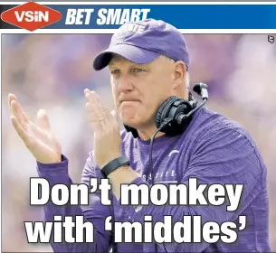  ??  ?? THREAD THE NEEDLE: Chris Klieman’s K-State team meets TCU on Saturday in a game in which line shifts might create a chance for sharp bettors to win on both teams if the score lands in the middle — a feat difficult for square bettors to accomplish.